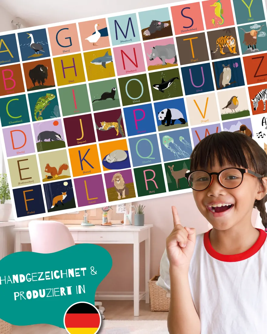 ABC Schreibtischunterlage mit passenden Tieren zu jedem Buchstaben | für Kinder | 60x40 cm