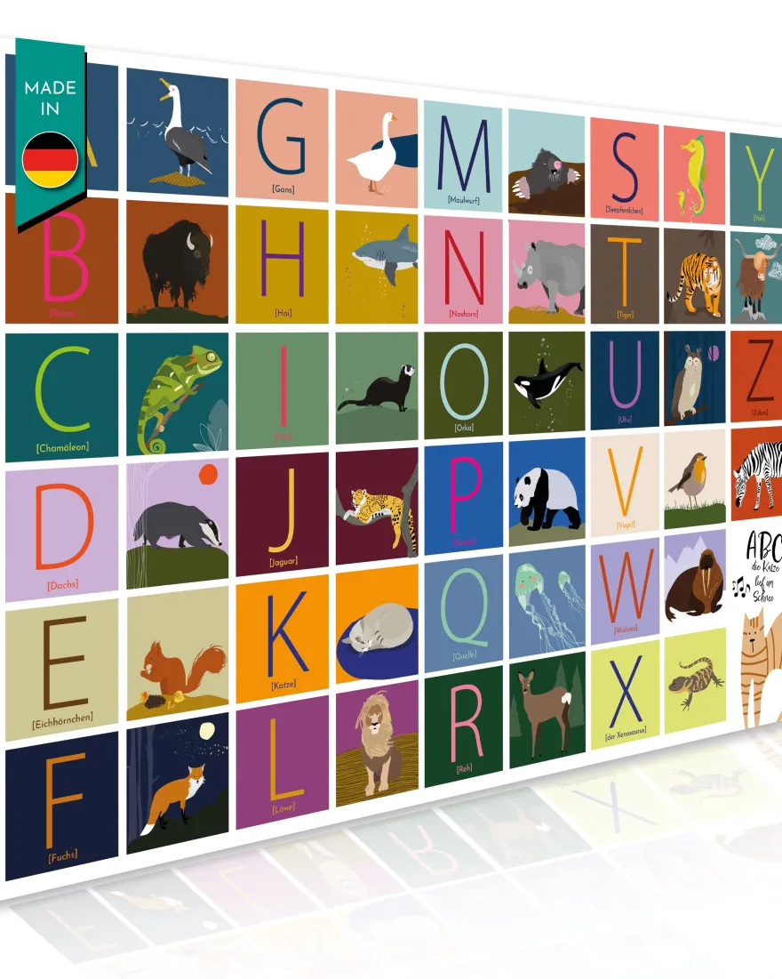 ABC Schreibtischunterlage mit passenden Tieren zu jedem Buchstaben | für Kinder | 60x40 cm