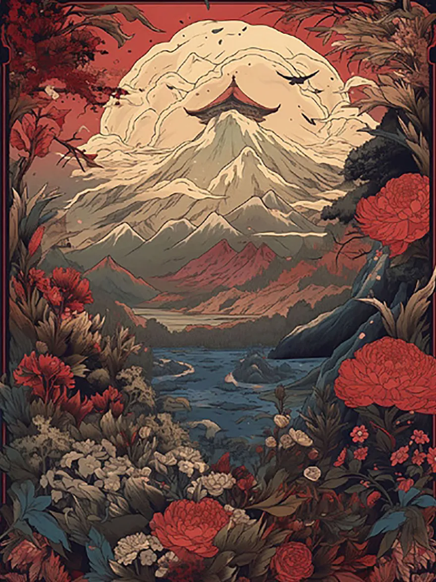 Botanical Blossom Kunstdruck Japanische Landschaft