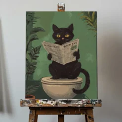 Cat Reading A Newspaper On A Toilet
