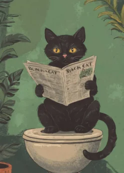 Cat Reading A Newspaper On A Toilet