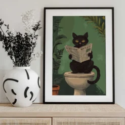 Cat Reading A Newspaper On A Toilet