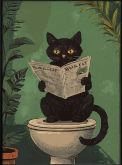 Cat Reading A Newspaper On A Toilet