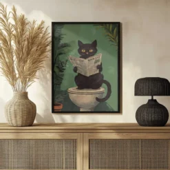 Cat Reading A Newspaper On A Toilet
