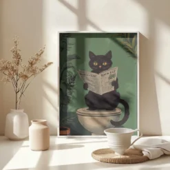 Cat Reading A Newspaper On A Toilet