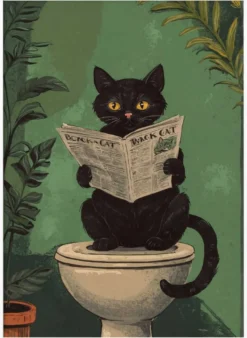 Cat Reading A Newspaper On A Toilet