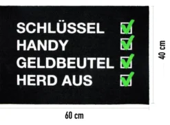 Checkliste Fußmatte Schlüssel, Handy, Geldbeutel, Herd aus
