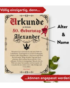 Geburtstags Urkunde Personalisierbar mit Alter + Wunschname - Pergament Stil Antik Vintage -20x30 cm
