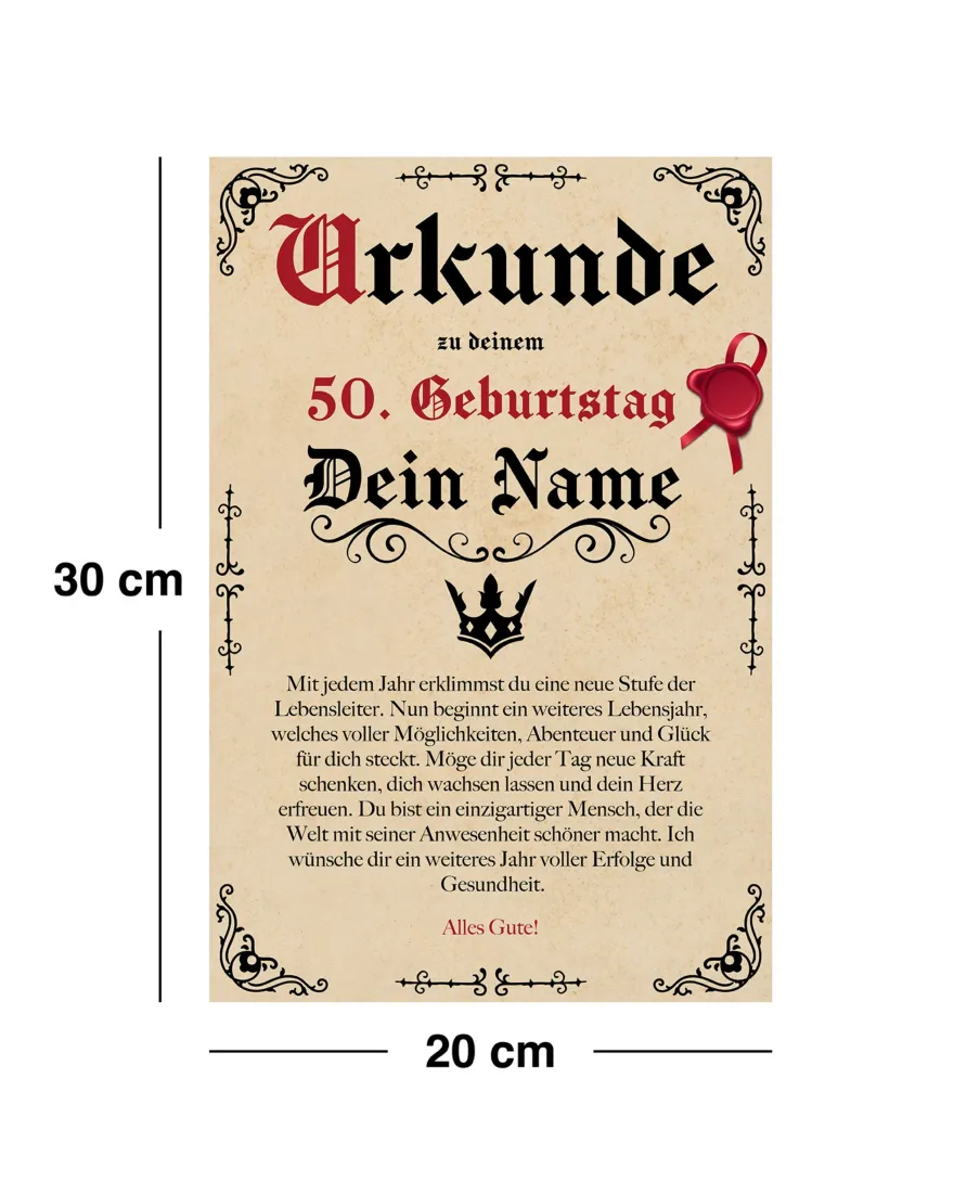 Geburtstags Urkunde Personalisierbar mit Alter + Wunschname - Pergament Stil Antik Vintage -20x30 cm