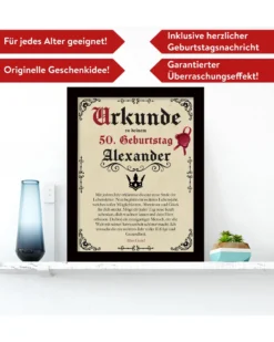 Geburtstags Urkunde Personalisierbar mit Wunschname + Alter - Pergament Stil Antik Vintage - 30x40 cm
