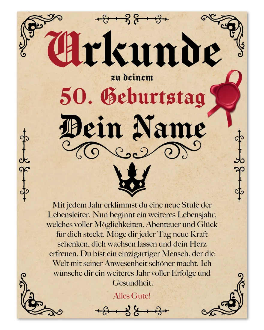 Geburtstags Urkunde Personalisierbar mit Wunschname + Alter - Pergament Stil Antik Vintage - 30x40 cm