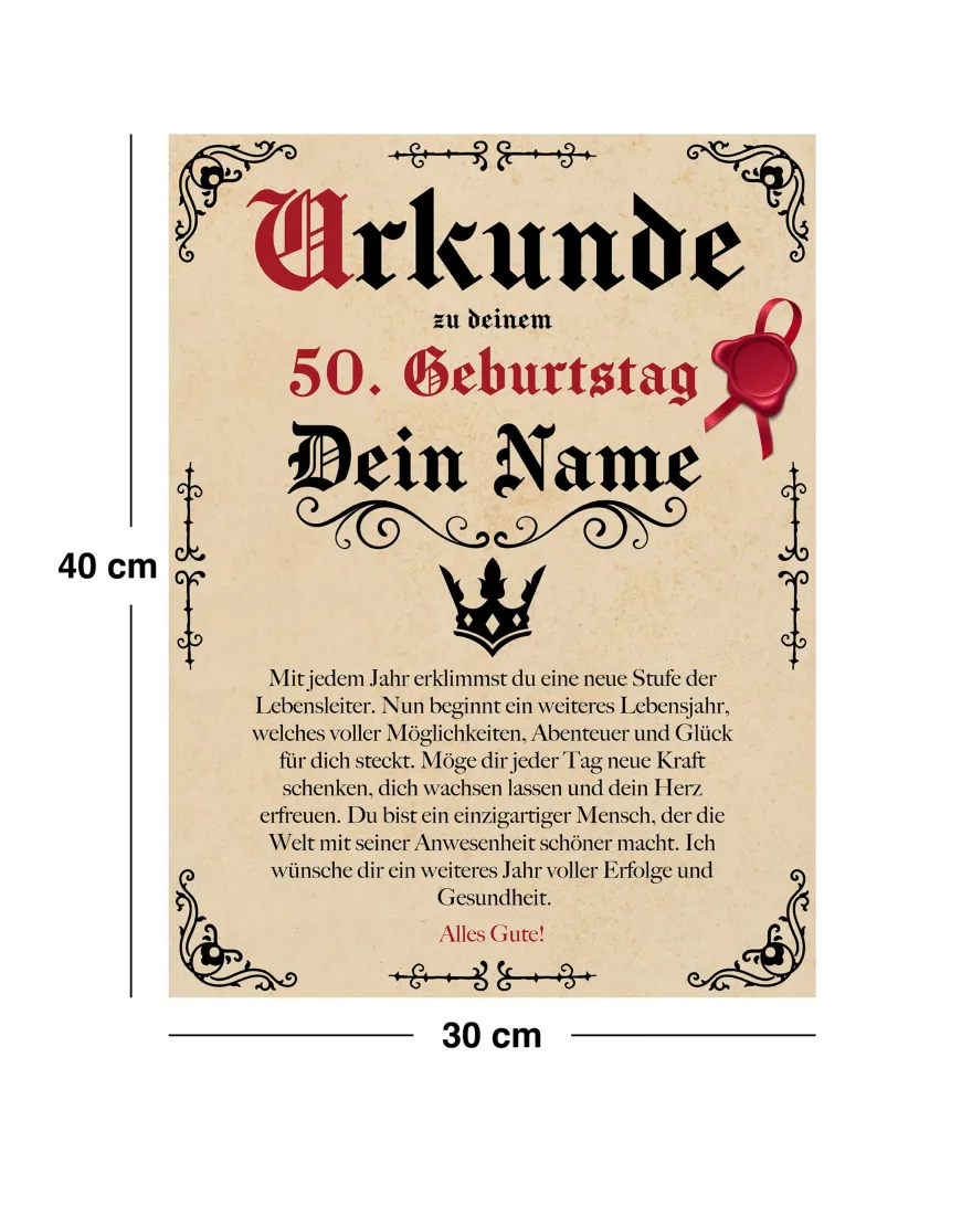 Geburtstags Urkunde Personalisierbar mit Wunschname + Alter - Pergament Stil Antik Vintage - 30x40 cm