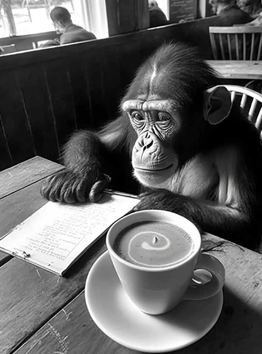 Hipster Chimp Kunstdruck Schimpansin trinkt Kaffee