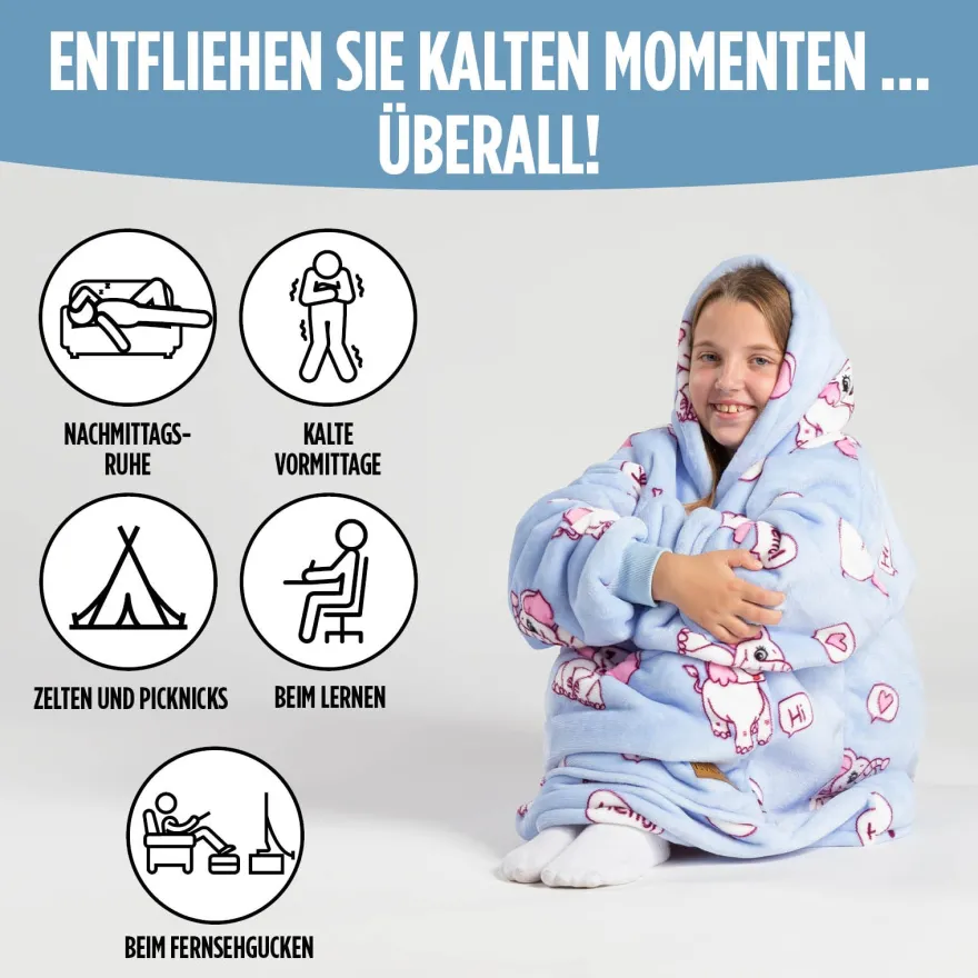 Hoodie Sweatshirt Decke Kids Elefanten, One Size Kinder