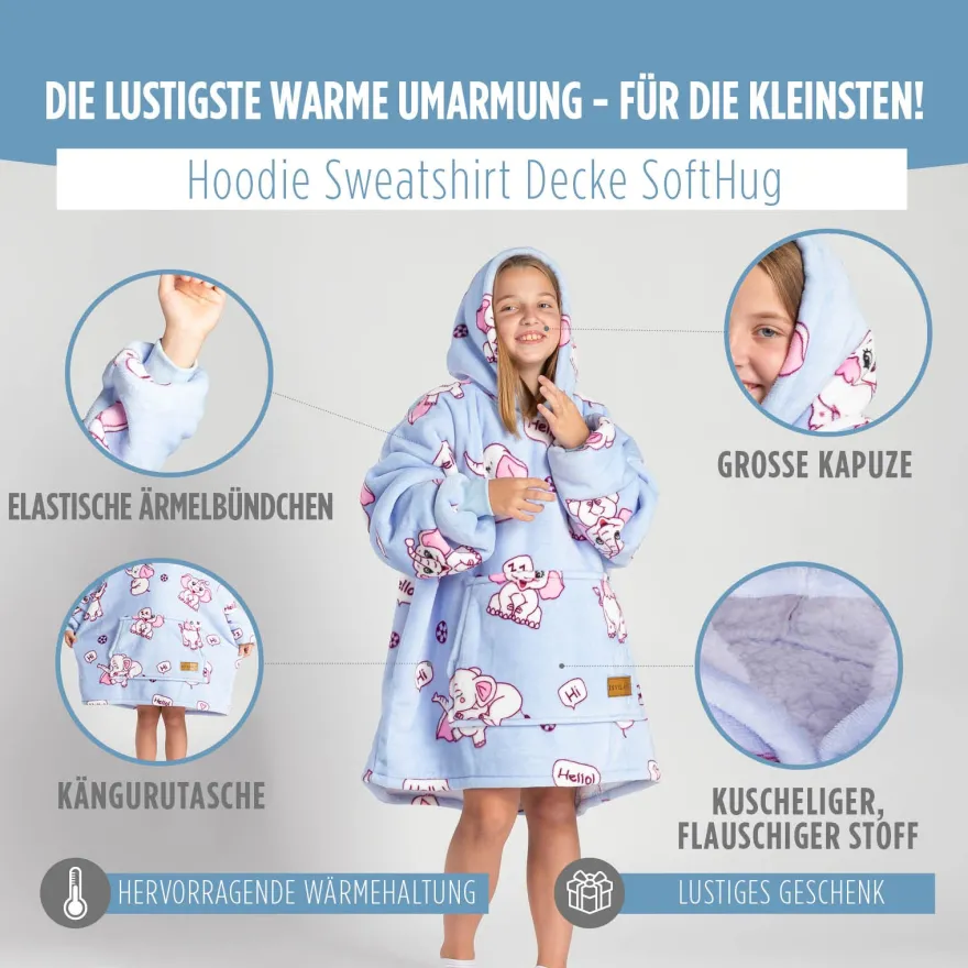 Hoodie Sweatshirt Decke Kids Elefanten, One Size Kinder