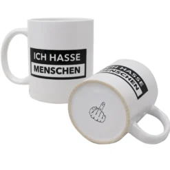 Ich hasse Menschen Tasse rein weiß, bedruckt.