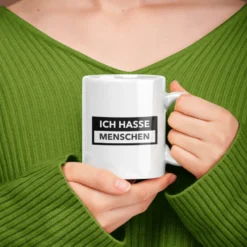 Ich hasse Menschen Tasse rein weiß, bedruckt.