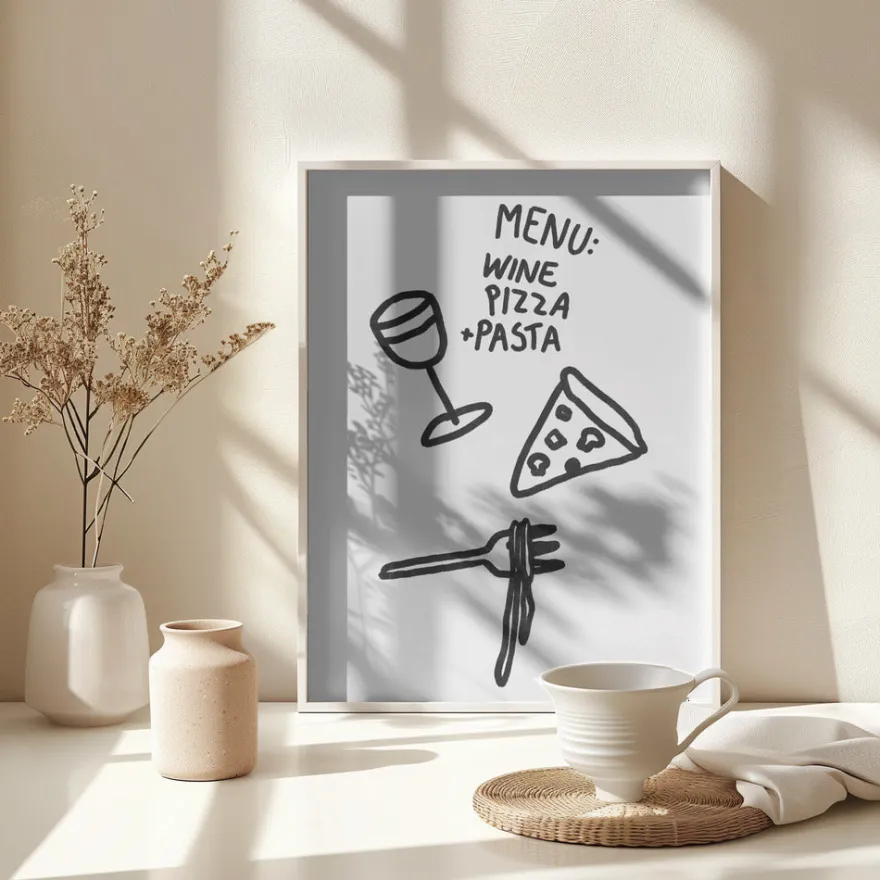 Italian Trio Delight Poster | Pizza, Pasta & Wine | in verschiedenen Größen | by Athene Fritsch