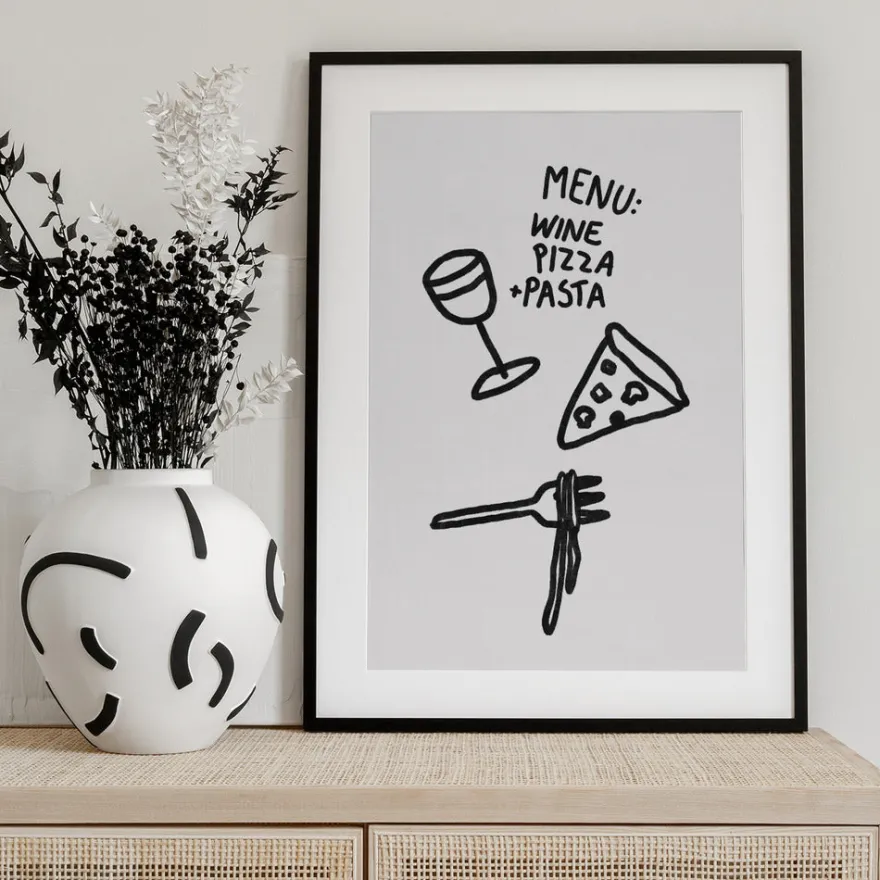Italian Trio Delight Poster | Pizza, Pasta & Wine | in verschiedenen Größen | by Athene Fritsch