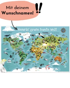 Kinder Weltkarte bunt POD personalisiert mit Namen