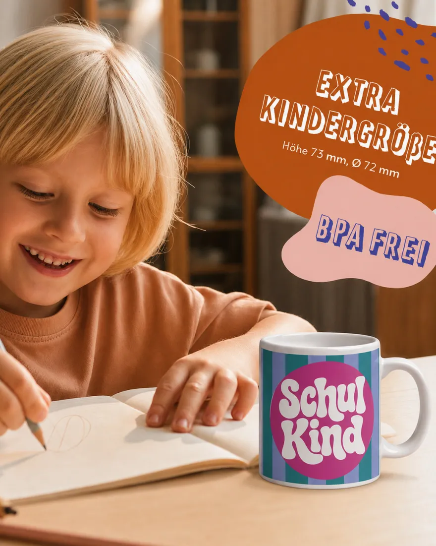 Schulkind Tasse 180 ml - mit 'Schulkind' Aufschrift - mit Streifen Design