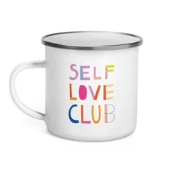 Self Love Club Emaille Tasse – Bunte Retro Becher mit Selbstliebe-Motiv | Leicht & Robust | Handgefertigte Emailletasse mit Spruch | Geschenk für Frauen, Freundinnen, Achtsamkeit & Empowerment