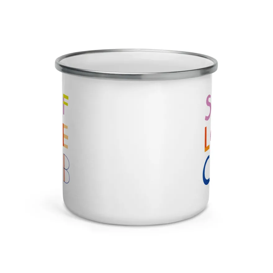 Self Love Club Emaille Tasse – Bunte Retro Becher mit Selbstliebe-Motiv | Leicht & Robust | Handgefertigte Emailletasse mit Spruch | Geschenk für Frauen, Freundinnen, Achtsamkeit & Empowerment