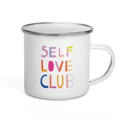 Self Love Club Emaille Tasse – Bunte Retro Becher mit Selbstliebe-Motiv | Leicht & Robust | Handgefertigte Emailletasse mit Spruch | Geschenk für Frauen, Freundinnen, Achtsamkeit & Empowerment