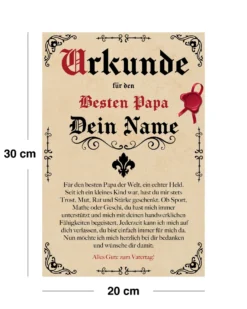 Vatertags Urkunde 20x30 cm | Personalisiert mit Wunschnamen | 20x30