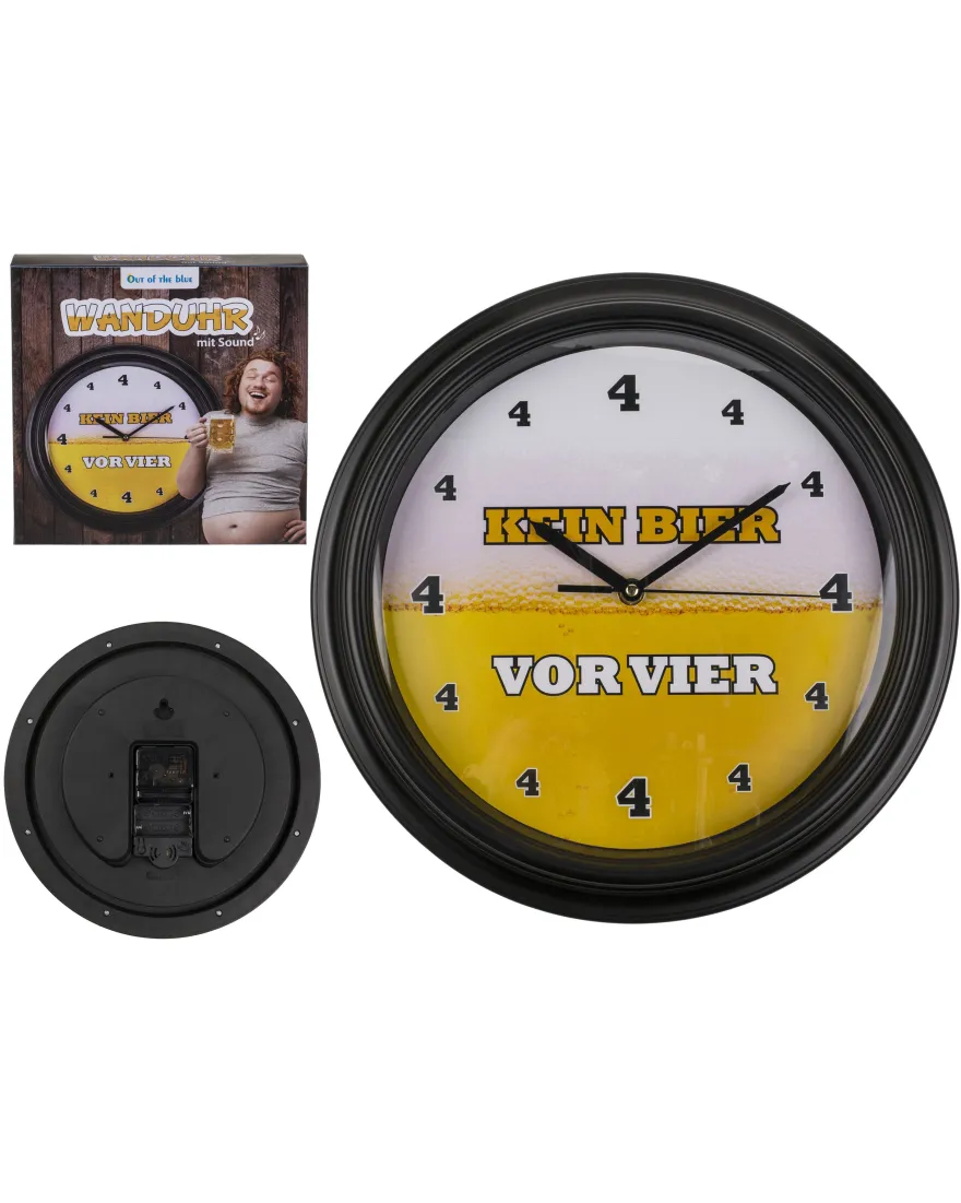 Wanduhr "Kein Bier vor 4" mit Sound | lustige Bier Uhr mit Zisch Geräusch zur vollen Stunde