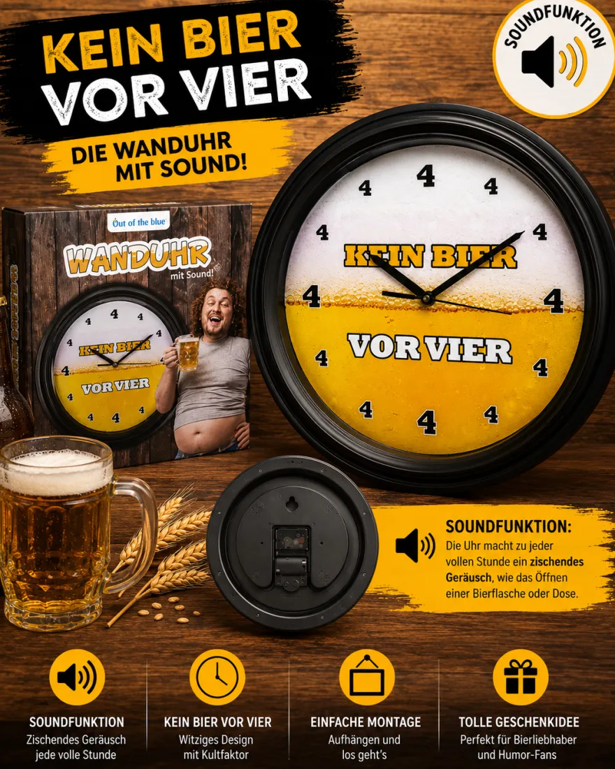 Wanduhr "Kein Bier vor 4" mit Sound | lustige Bier Uhr mit Zisch Geräusch zur vollen Stunde