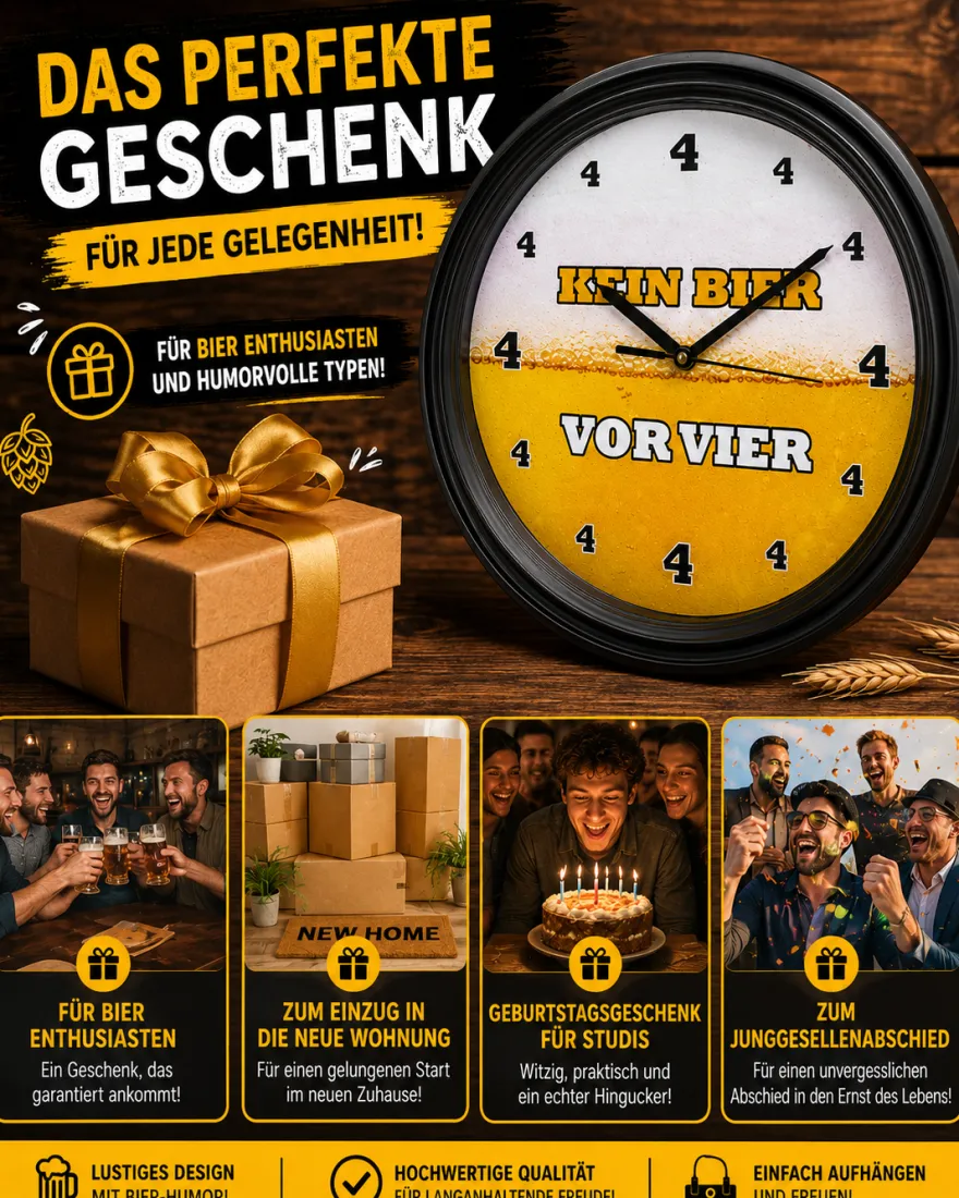 Wanduhr "Kein Bier vor 4" mit Sound | lustige Bier Uhr mit Zisch Geräusch zur vollen Stunde
