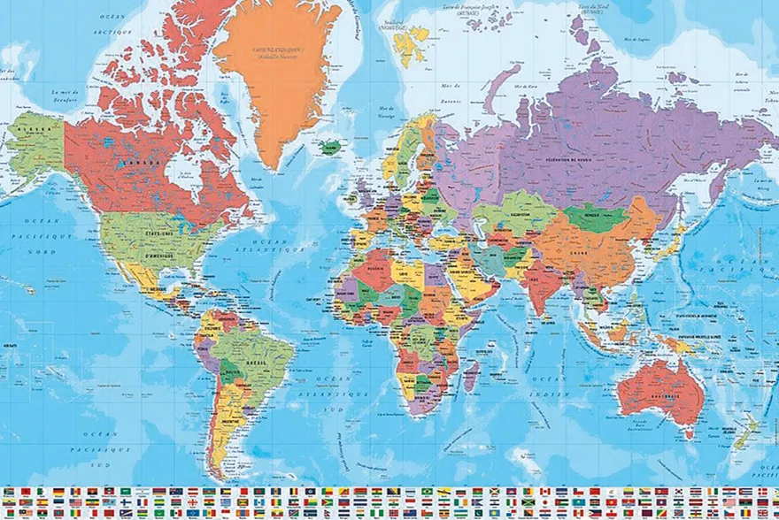 Weltkarte Poster mit Flaggen En Français (franz. Text)