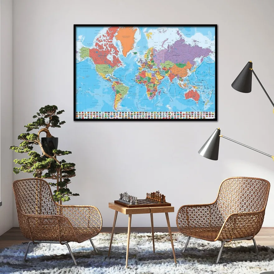 Weltkarte Poster mit Flaggen En Français (franz. Text)