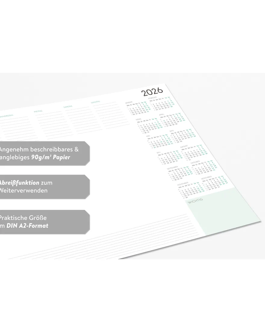 Wochenplaner Unterlage 2026 aus Papier, zum Abreißen